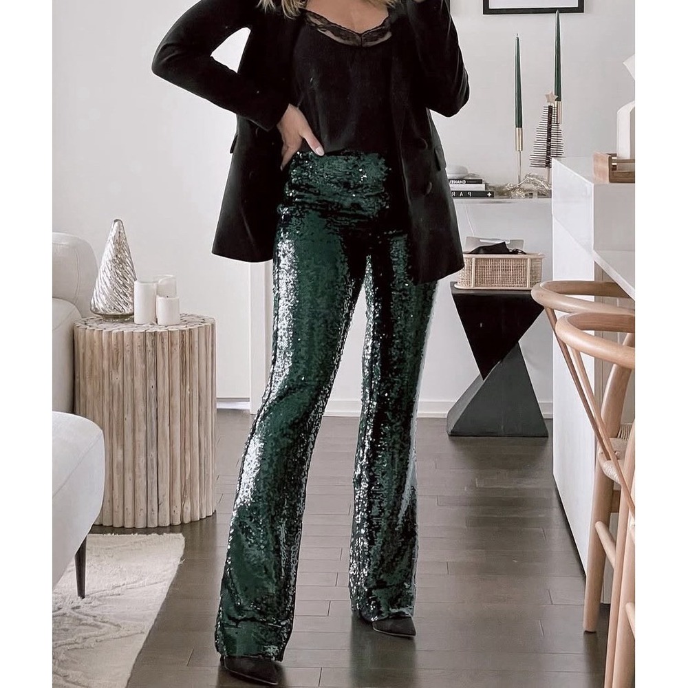 Zara Green Sequin Wide Leg Flare Pant NWT Blogger Fav SZ S